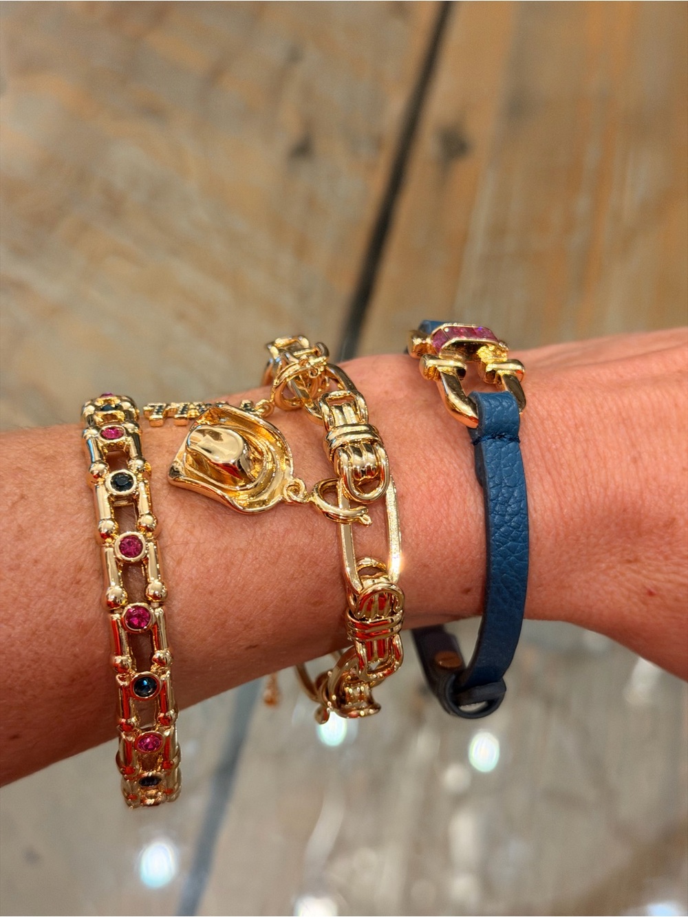 Bomb Party NWT “Southern Charm” Gold-Tone Bracelets Navy Leather Accent! - Picture 5 of 12